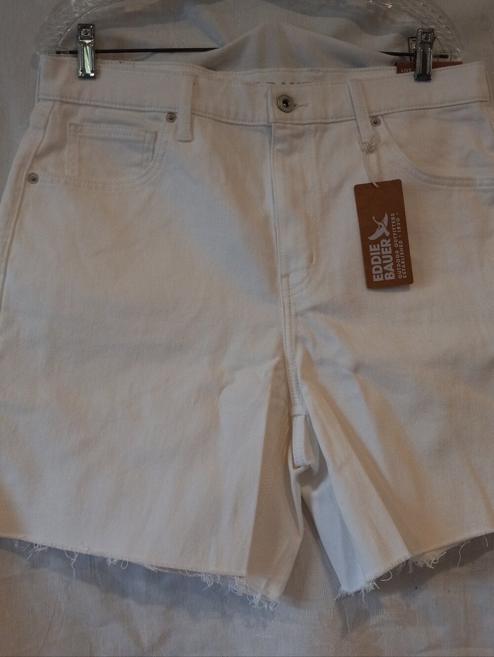 NWT Eddie Bauer High Rise Voyager Womens Denim Sz 14 Shorts Raw Hem MSRP $75
